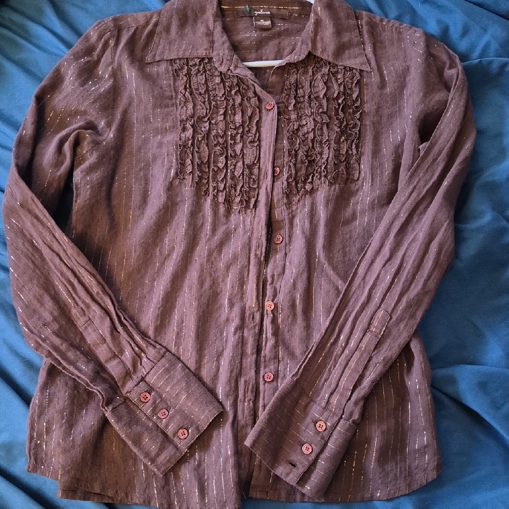 Brown Button-Up Shirt with Ruffle Detail
